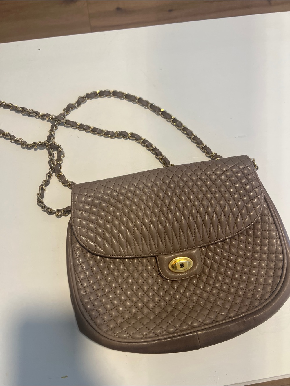 Bally- Quilted Taupe Leather Chain Shoulder Bag